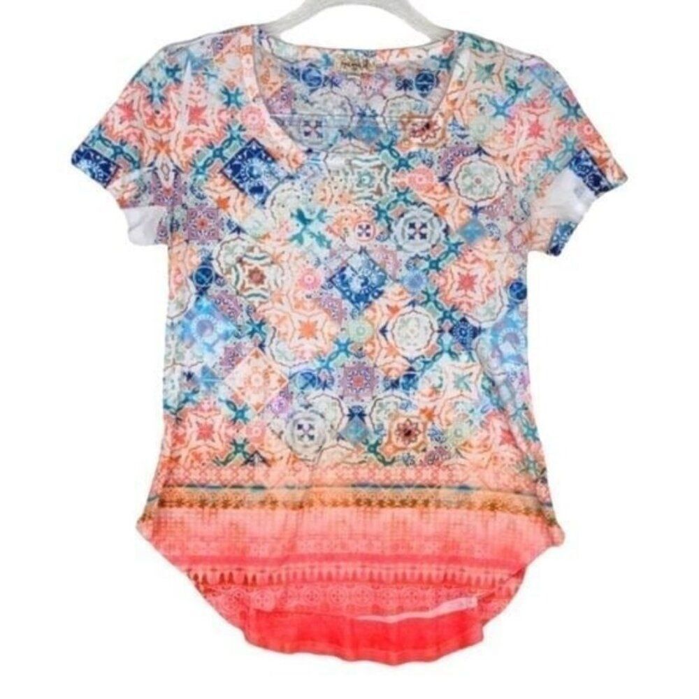One World Colorful Embellished Geometric Orange Blue Short Sleeve Top size PS